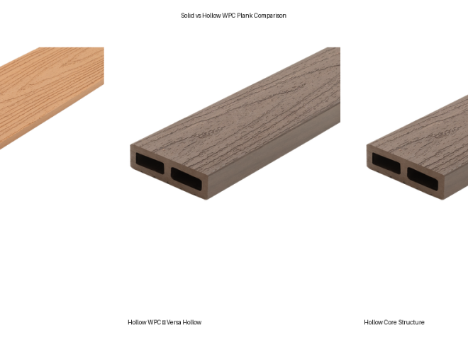Solid vs Hollow WPC plank comparison showing Versa Maxi solid plank and Versa Hollow lightweight plank with hollow core structure