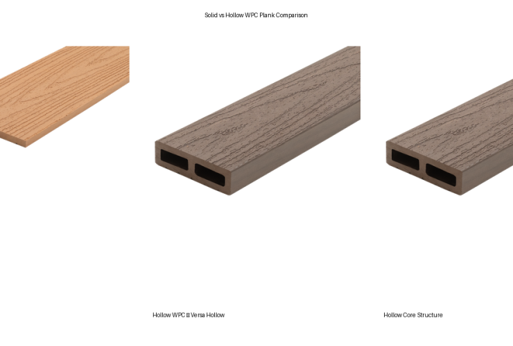 Solid vs Hollow WPC plank comparison showing Versa Maxi solid plank and Versa Hollow lightweight plank with hollow core structure