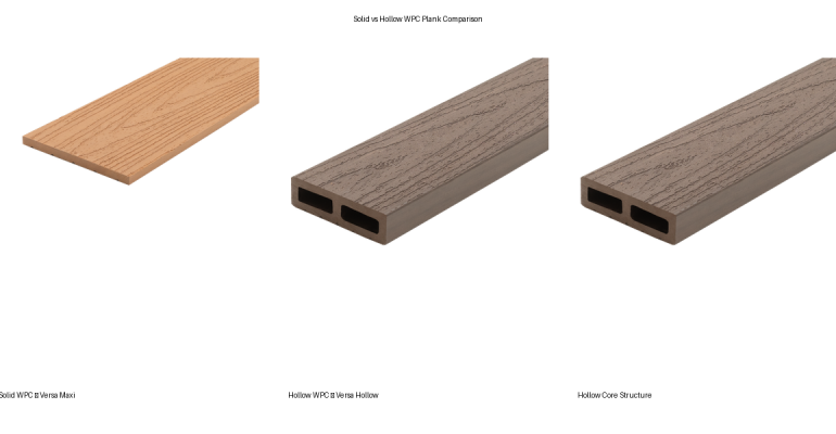 Solid vs Hollow WPC plank comparison showing Versa Maxi solid plank and Versa Hollow lightweight plank with hollow core structure