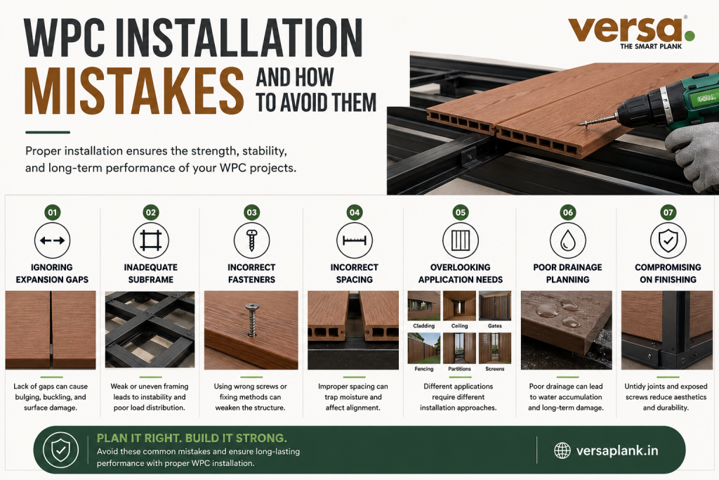 Infographic about WPC installation mistakes and how to avoid them, with seven illustrated errors and a drill cutting wood plank? (informative)