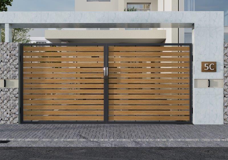 Modern double wooden slat gate with a dark metal frame in front of a contemporary house, number 5C on a brown plaque to the right.