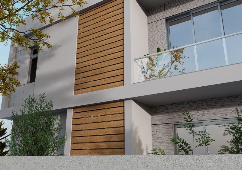 Modern two-story building facade featuring gray stucco, wooden slat panels, and large windows with a glass balcony railing.